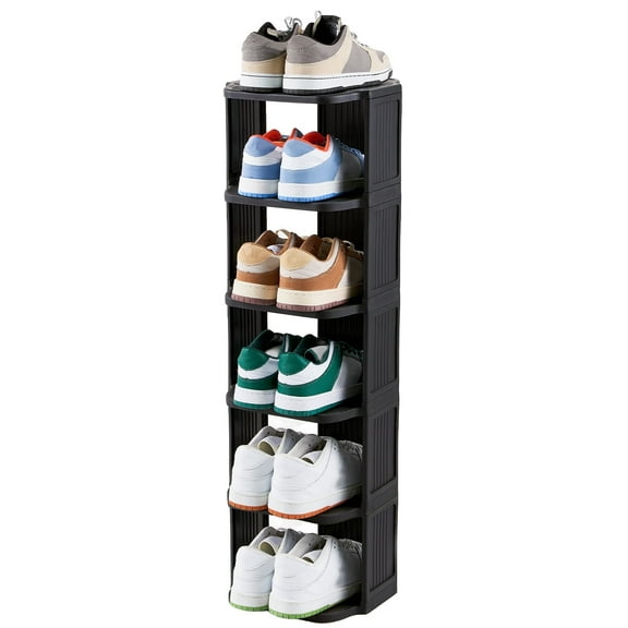 Small Shoe Rack, 6 Tier Plastic Vertical Shoe Rack for Narrow Spaces, Efficient Shoe Storage for Closet, Entryway, and Small Spaces (Black)