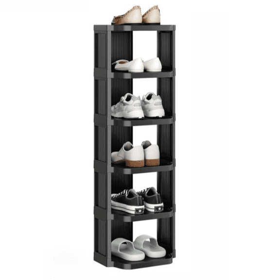 Small Shoe Rack, 6 Tier Plastic Vertical Shoe Rack for Narrow Spaces, Efficient Shoe Storage for Closet, Entryway, and Small Spaces (Black)