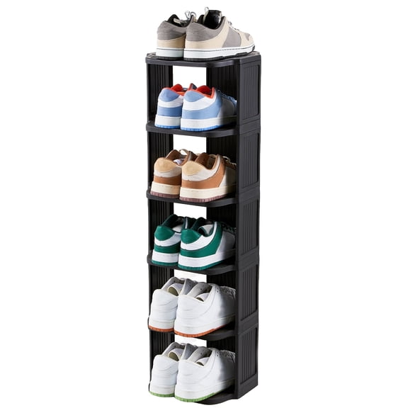Small Shoe Rack, 6 Tier Plastic Vertical Shoe Rack for Narrow Spaces, Efficient Shoe Storage for Closet, Entryway, and Small Spaces (Black)