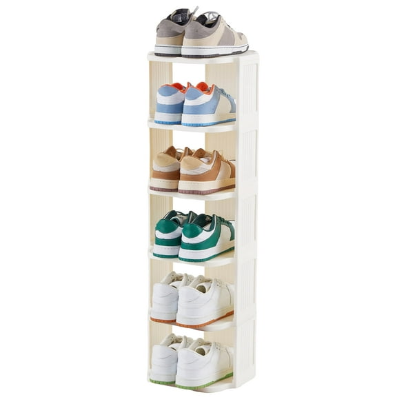 Small Shoe Rack, 6 Tier Plastic Vertical Shoe Rack for Narrow Spaces, Efficient Shoe Storage for Closet, Entryway, and Small Spaces (White)