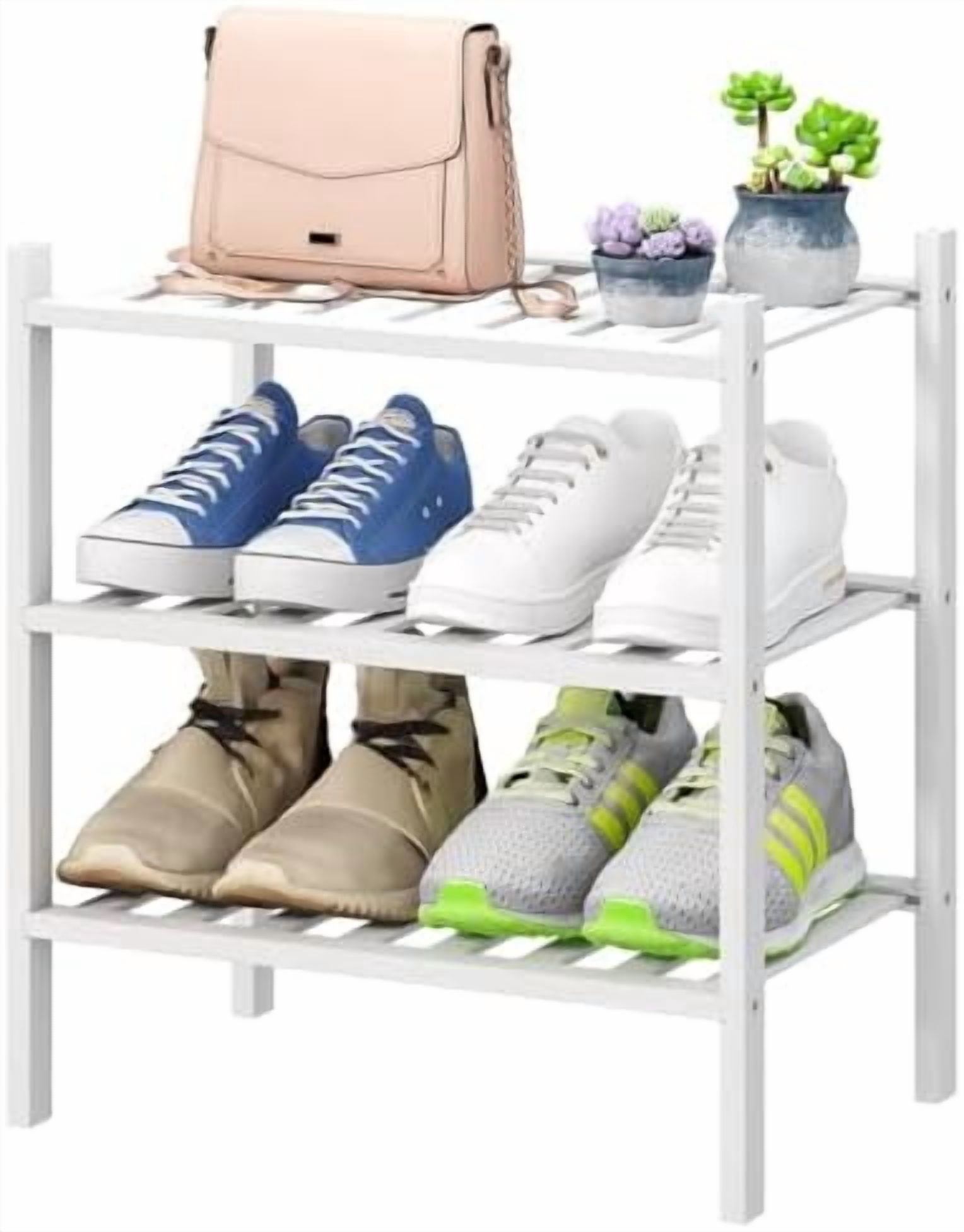 Small Shoe Rack for Entryway, White Shoe Organizer for Closet, Bamboo