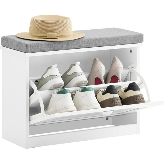 Small Shoe Storage Bench with Cushion, White Narrow Shoe Rack for Entryway, Small Shoe Cabinet with 2 Tiers Flip-Drawer, FSR195-K-W