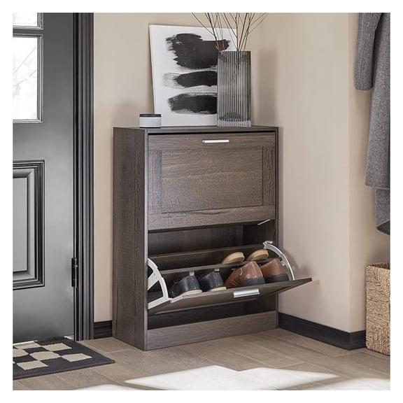 Small Shoe Storage Cabinet, Slim Shoe Rack Entryway, Narrow Shoe Organizer 2 -Drawers for Front Door Entrance Hallway, Brown, FSR137-BR