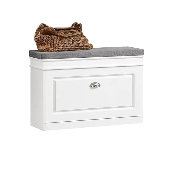 Small Shoe Storage , Narrow Shoe Cabinet for Entryway, Shoe Rack with Cushion&2 Tiers -Drawer, Closet Hallway Mudroom White FSR82-L-W