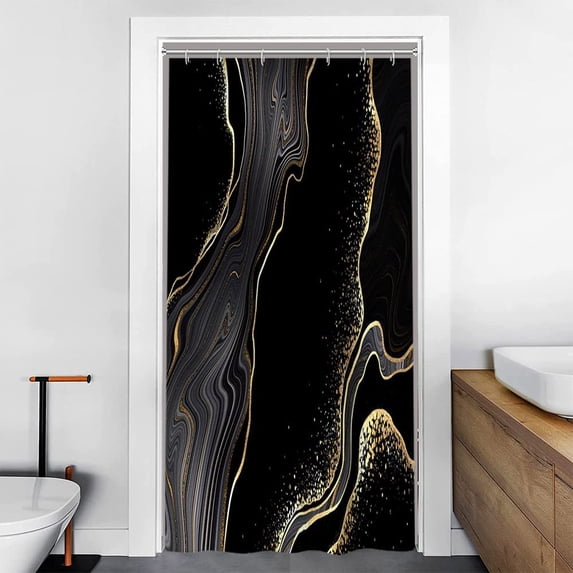 Small Shower Curtain, Abstract Modern Gold and Black Marble Texture Stall Shower Curtain Set for Bathroom Waterproof Polyester Narrow Bathroom Decor with Hooks, 36x72 Inch