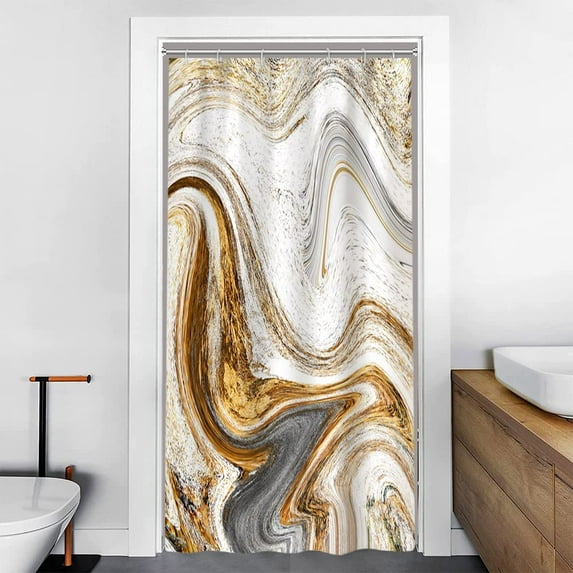 Small Shower Curtain, Abstract Modern White and Gold Luxury Liquid Marble Stall Shower Curtain Set for Bathroom Waterproof Polyester Narrow Bathroom Decor with Hooks, 36x72 Inch