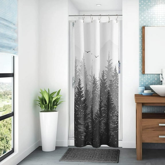 Small Shower Curtain Mountain Forest Nature Tree Fabric Shower Curtain for Bathroom Plant Shower Curtain Water Repellent Shower Curtain Bathtubs Hotel, 36 x 72 inch, Black
