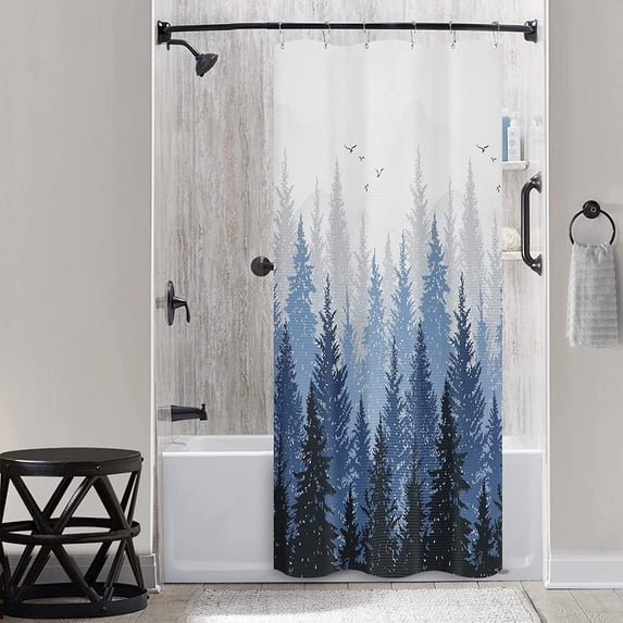 Small Shower Curtain Mountain Forest Nature Tree Fabric Shower Curtain for Bathroom Water Repellent Shower Curtain RV Hotel, 36 x 72 inch, Blue