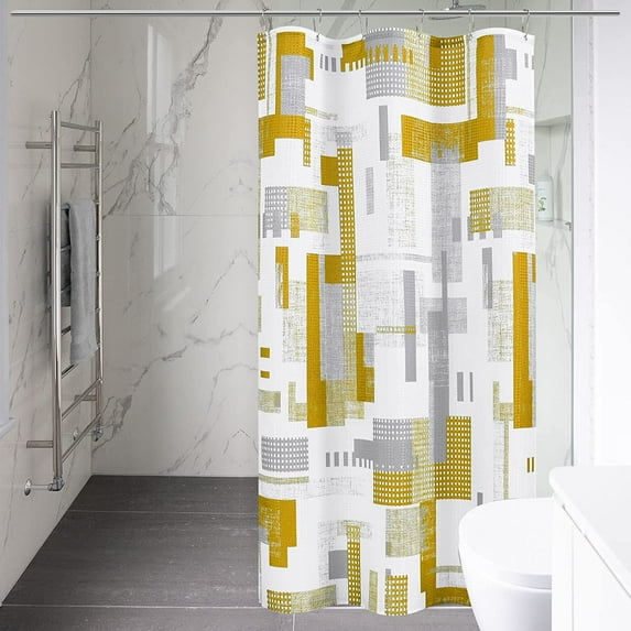 Small Shower Curtain White Shower Curtain Set Geometric Shower Curtains for Bathroom Water Repellent Shower Curtain with Heavy Duty Polyester Bathroom Curtain for Hotels Bathtubs, 36x72 inch, Gold