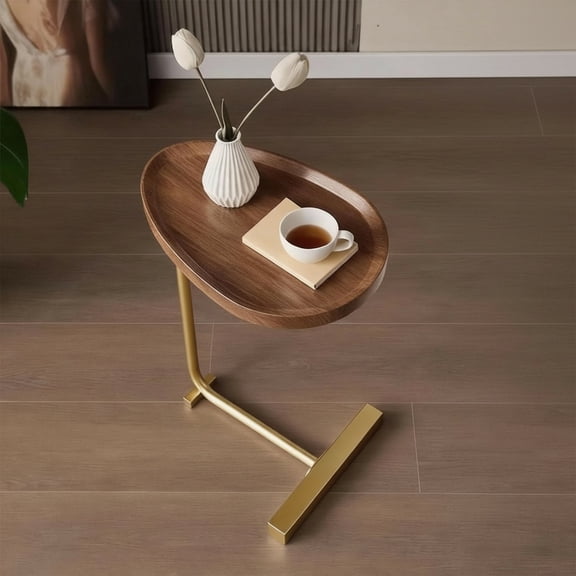 Small Side End Table C Table Narrow Round Bed Sofa Couch Coffee Dinner Table for Snack Drink TV Tray, Slim Gold Rustic End Table Modern Simplicity, Metal and Wood