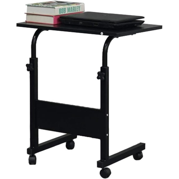 Small Side Mobile Table 23.6 inch Desk with Wheels Height Adjustable Rolling Potable Laptop Cart, C-Shaped Bed Couch End Tables with Edge Stopper for Living Room Bedroom, Black