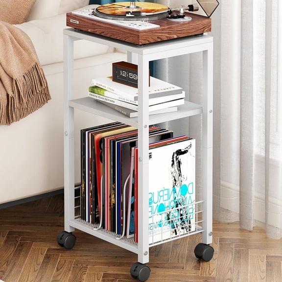 Small Side Table, 3 Tier Moveable Small End Table, Record Player Stand with Records Shelf, Tall Nightstand for Bedroom, Living Room, Sofa, Office, Bathroom (Pure White)