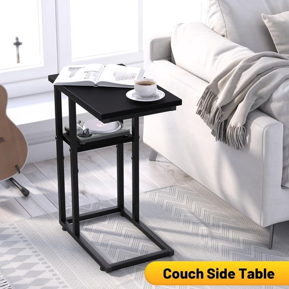 Small Side Table + Black C-Shaped Design – 2-Tier Couch Table, Easy Assembly, Sturdy and Practical, Perfect for Bedroom, Living Room, Apartment, Small Spaces