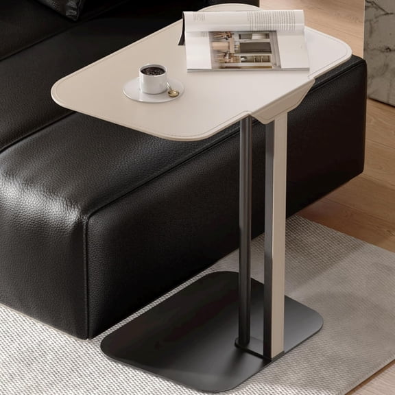 Small Side Table C Shaped End Table Sofa Table with Strong Steel Frame for Living Room Small Space Beige PU Leather