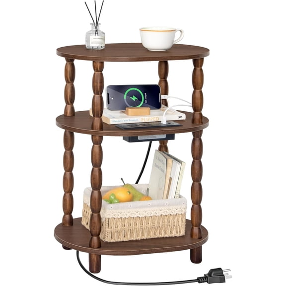 Small Side Table with Charging Station, 3-Tier Small End Table with USB Ports and Outlets, Modern Oval Night Stand Accent Table for Living Room, Bedroom, Walnut Brown