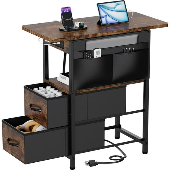 Small Side Table with Charging Station, Narrow Nightstand Bedside Tables with Storage Pocket for Living Room Bedroom, Sofa End Table with USB Ports and Power Outlets for Small Spaces