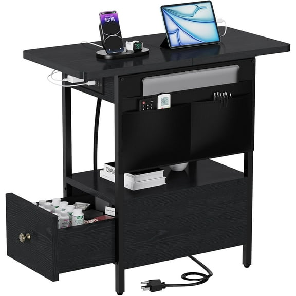 Small Side Table with Charging Station, Narrow Nightstand Bedside Tables with Storage Pocket for Living Room Bedroom, Sofa End Table with USB Ports and Power Outlets for Small Spaces