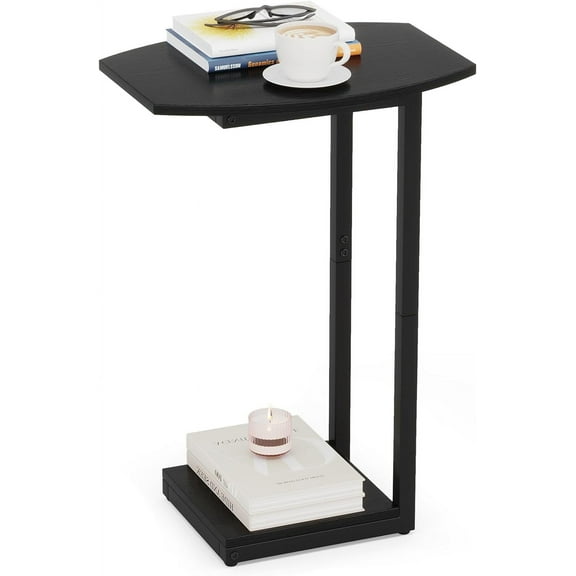 Small Side Table End Table, C Shaped Barrel Coffee Table with Metal Frame, Wooden TV Tray for Living Room, Bedroom, Couch, Small Spaces (Black)
