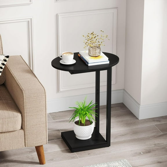 Small Side Table End Table, C-Shaped Wood Coffee Table TV Tray for Eating Couch Tables for Small Space, Living Room, Bedroom, Couch (Black 2 Pack)