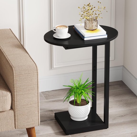 Small Side Table End Table, C-Shaped Wood Coffee Table TV Tray for Eating Couch Tables for Small Space, Living Room, (Black)