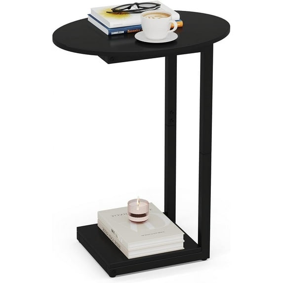 Small Side Table End Table - C-Shaped Wood Coffee Table TV Tray for Eating Couch Tables for Small Space, Living Room, (Black)