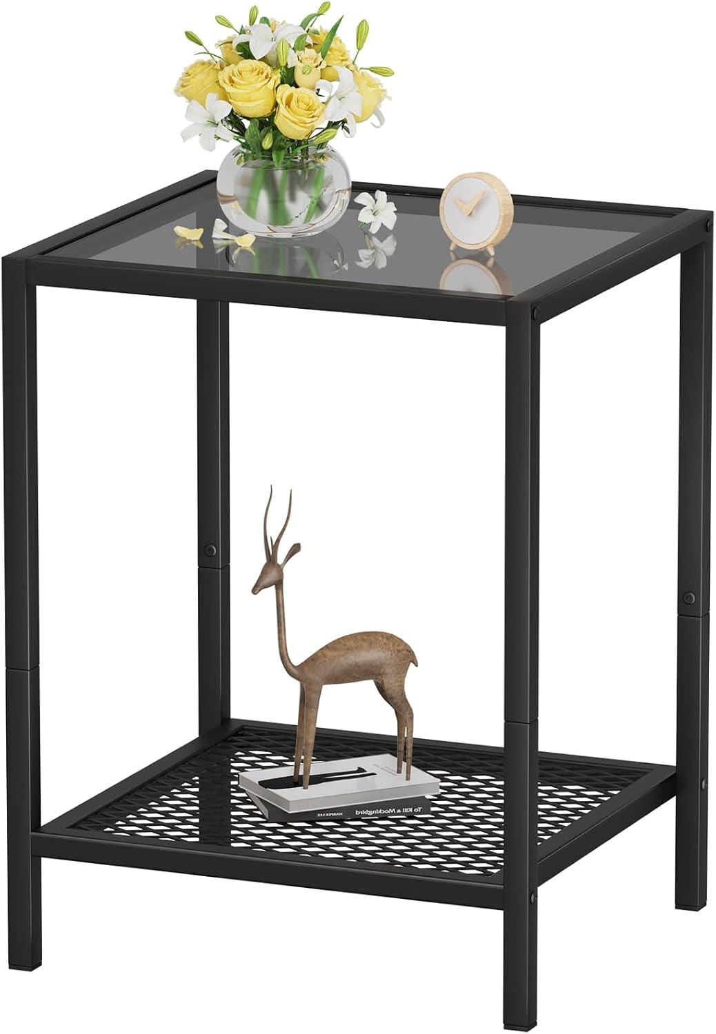 Small Side Table Glass End Table with Mesh Storage Shelf for Small ...