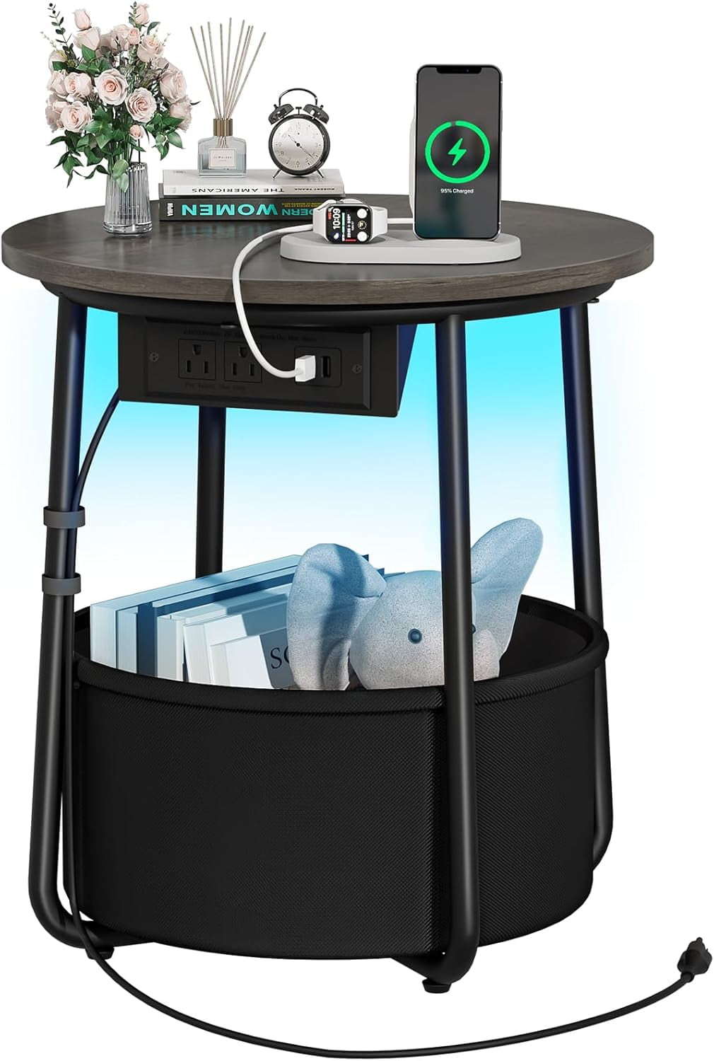 Small Side Table, LED Night Stand with Charger Station, Round End Table ...