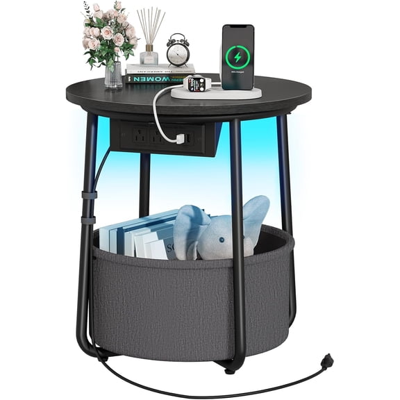 Small Side Table, LED Night Stand with Charger Station, Round End Table Side Tables Living Room with Fabric Basket, Bedside Table End Tables Bedroom, Storage Accent Table for Small Spaces Black