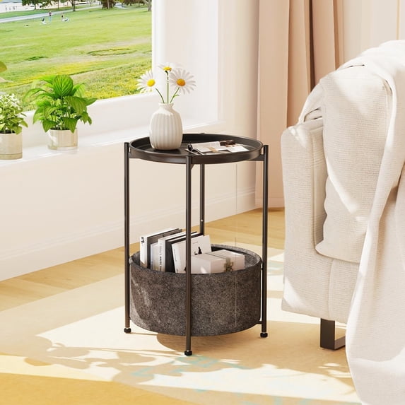 Small Side Table, Mini Round End Table, Tray Table with Fabric Storage Basket, Modern Nightstand for Living Room, Bedroom, Patio, Small Space, Black