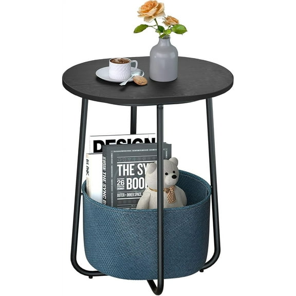 TUTOTAK Small Side Table, Oval End Table, Night Stand, Bedside Table, Sofa Table with Cloth Storage Basket, Living Room, Bed Room, Black TB01BK063