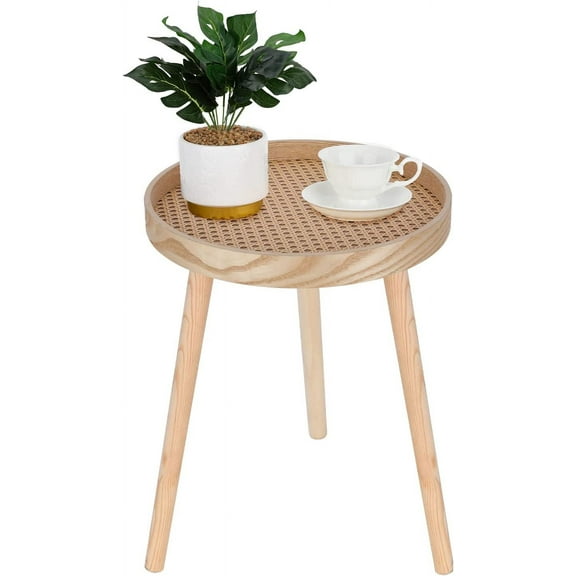 Small Side Table, Rattan Nightstand, Round End Boho Bedside Accent Mid-Century Modern Bed Tables for Living Room Bedroom Office Balcony(Natural Walnut)