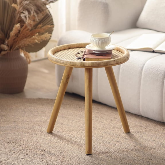 Rattan Round Coffee Table - Boho Circle Side Table for Living Room, Mid Accent Table for Bedroom Balcony