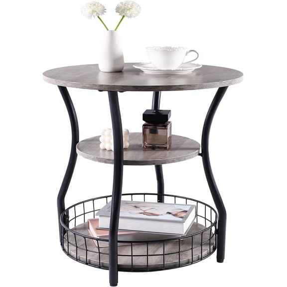 Small Side Table Round Accent End Table with Storage Shelves Basket, 3-Tier Corner Sofa Beside Table for Small Spaces,Nightstand for Living Room, Bedroom, Accent Coffee Table, Greige