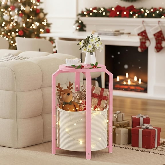 Small Side Table, Round End Table, Night Stand, Bedside Table, Set of 2, Sofa Table with Storage Basket, Living Room, Bed Room, Pink TB01BP0922
