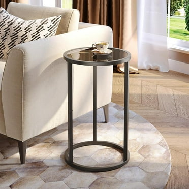 Small Side Table Round Glass End Table for Small Spaces Narrow Couch Night Stand Modern Bedside Table with Black Metal Frame for Bedroom Living Room, Easy Assembly