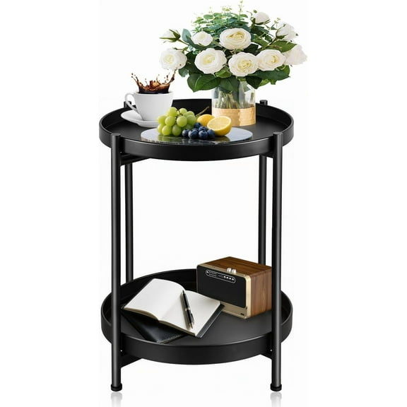 Small Side Table Round for Small Spaces Indoor Outdoor, Mini End Table Metal, 2 Tier Plant Stand Foldable, Bedside Table for Living Room, Bed Side, Sofa Side, Patio, Night Stand 20.5'' Tall, Black
