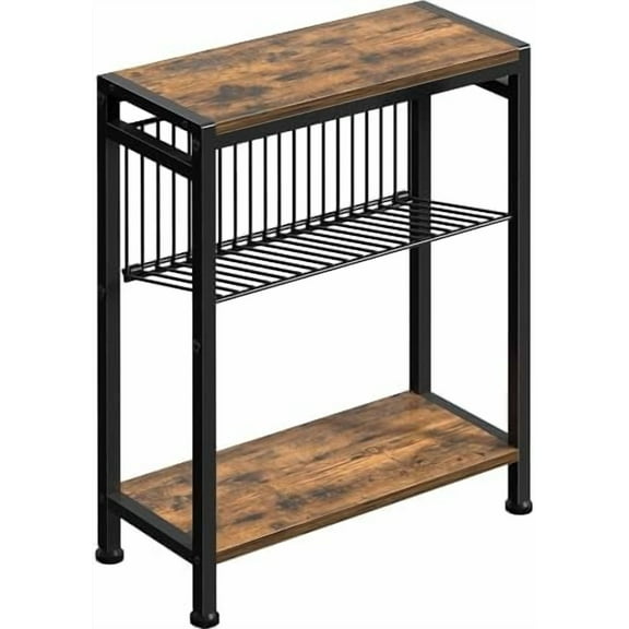 Small Side Table for Small Space, 3-Tier Narrow End Table with Magazine Holder,Slim Nightstand, Skinny Snack Couch Table in Living Room, Bedroom Study and Balcony (Rustic Brown &Black)