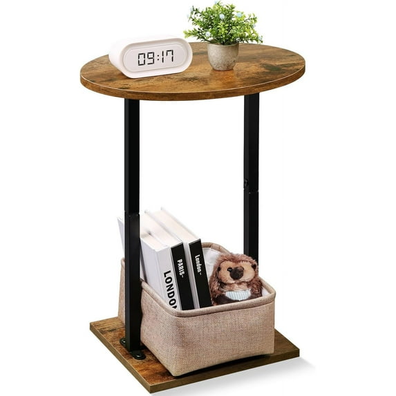 Small Side Table for Small Spaces, 24 inch Wooden Round End Table with Fabric Basket, Wood Accent Table for Couch Sofa Drink Sidetable Living Room Bedroom Rustic