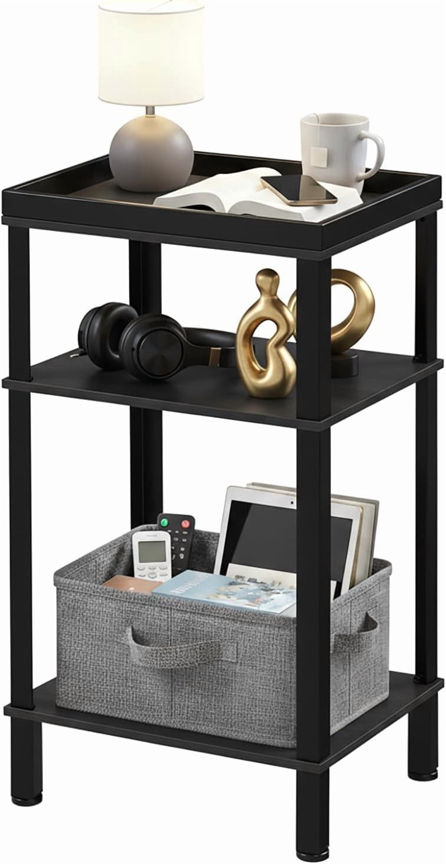 Small Side Table for Small Spaces - Slim End Table with Magazine Holder - 2 in 1 Design Narrow End Table Living Room - Skinny Bedside Table Nightstand Bedroom Thin Side Table, Black
