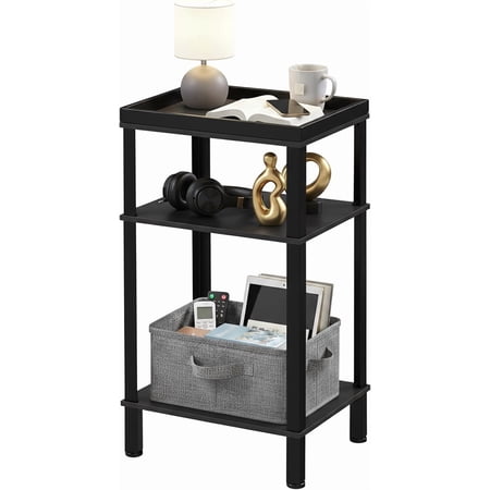 Small Side Table for Small Spaces - Slim End Table with Magazine Holder - 2 in 1 Design Narrow End Table Living Room - Skinny Bedside Table Nightstand Bedroom Thin Side Table, Black