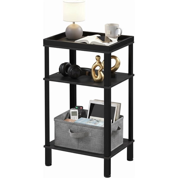 Small Side Table for Small Spaces - Slim End Table with Magazine Holder - 2 in 1 Design Narrow End Table Living Room - Skinny Bedside Table Nightstand Bedroom Thin Side Table, Black