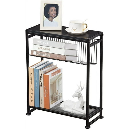 Small Side Table for Small Spaces - Slim End Table with Magazine Holder - 2 in 1 Design Narrow End Table Living Room - Skinny Bedside Table Nightstand Bedroom Thin Side Table, Black