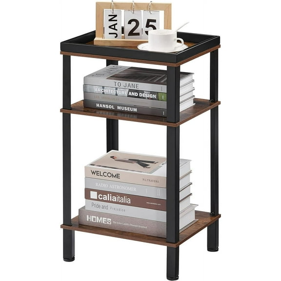 Small Side Table for Small Spaces - Slim End Table with Magazine Holder - 2 in 1 Design Narrow End Table Living Room - Skinny Bedside Table Nightstand Bedroom Thin Side Table, Rustic Brown