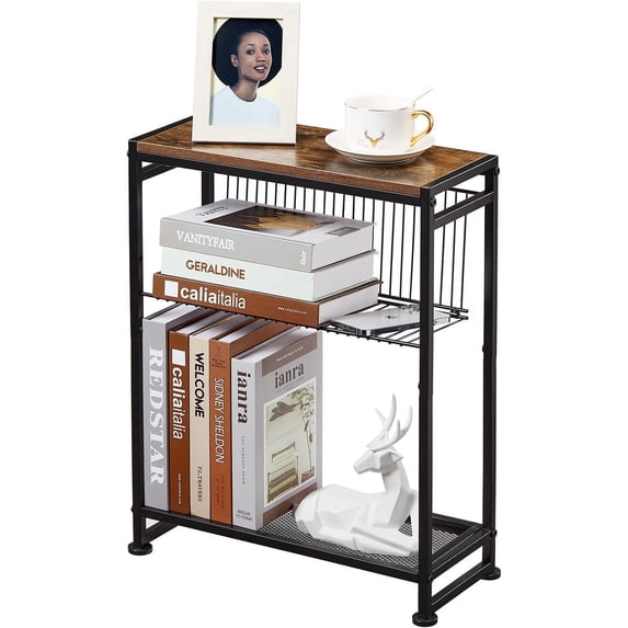Small Side Table for Small Spaces - Slim End Table with Magazine Holder - 2 in 1 Design Narrow End Table Living Room - Skinny Bedside Table Nightstand Bedroom Thin Side Table, Rustic Brown