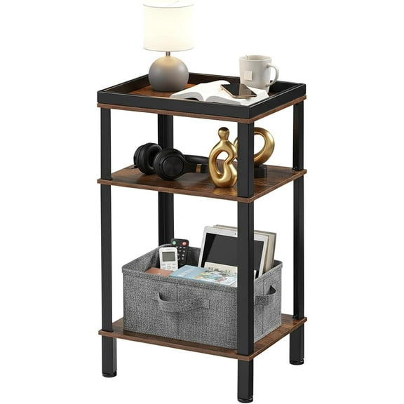 Small Side Table for Small Spaces - Slim End Table with Magazine Holder - 2 in 1 Design Narrow End Table Living Room - Skinny Bedside Table Nightstand Bedroom Thin Side Table, Rustic Brown