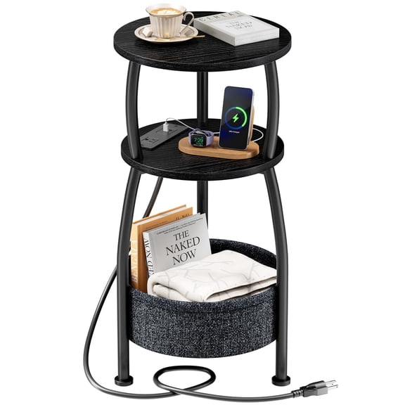 Small Side Table for Small Spaces with Storage Basket, Round End Table 3-Tier NightStand Sofa Corner Table for Living Room, Bedroom, Patio and More 24in Tall Rustic Brown