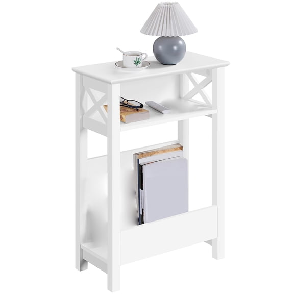 Small Side Table with Storage Shelf, 3-Tier Slim X Shaped End Table for Living Room, Home Office, Balcony, Narrow Small Spaces, Effortless Assembly, White
