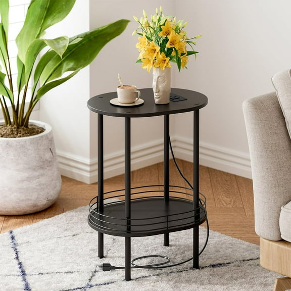 Small Side Table with Built-in Charging Station, USB Ports and Outlets, Black