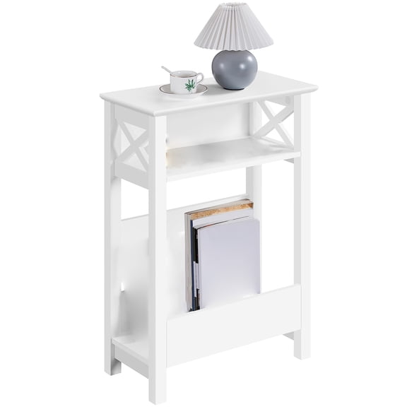 Small Side Table with Storage Shelf, 3-Tier Slim X Shaped End Table for Living Room, Bedroom, Balcony, White