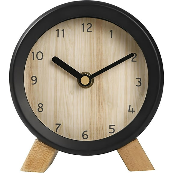 Small Silent Wooden Analog Desk Clock, Battery Operated, Elegant Table Clock with Wooden Frame for Living Room, Bedroom, Bedside, Desk (Black)